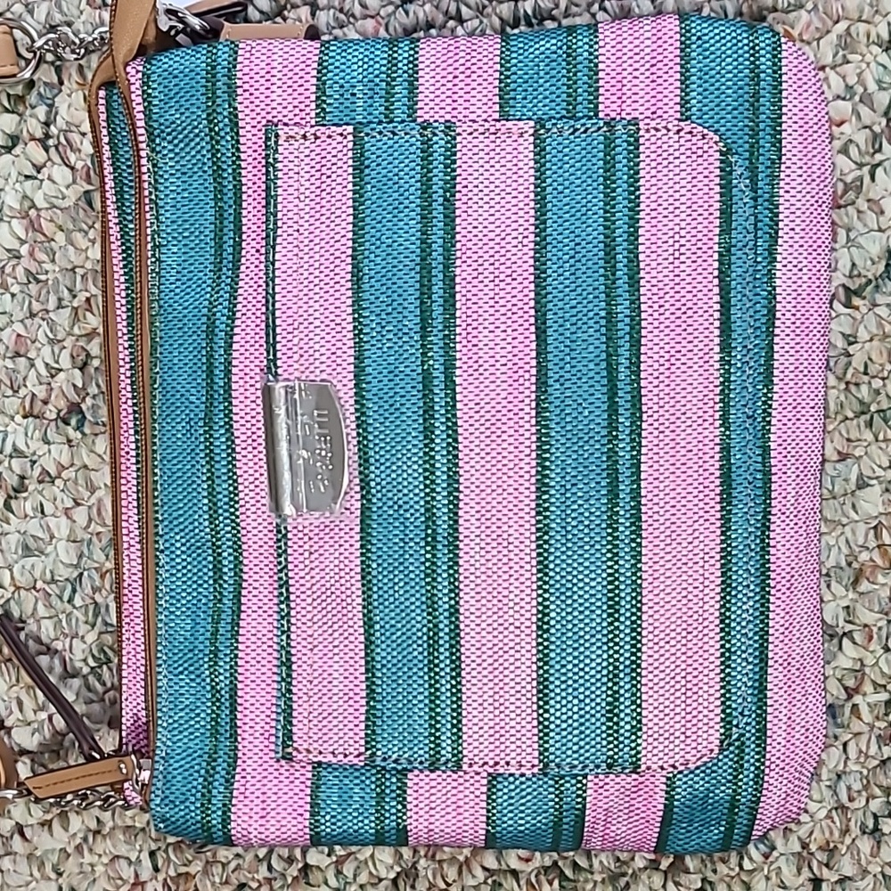 ROSETTI BRAND WOMENS PINK & TEAL "BOLD STRIPE STRAW MIDGE CROSSBODY"